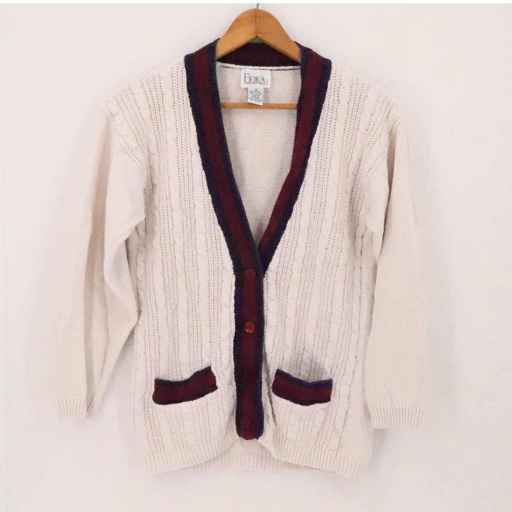 Vintage 80s Erika Cable Knit Cardigan Sweater Womens Size S Cream Preppy Varsity